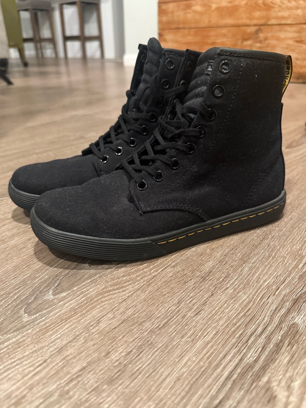 Dr. Martens Sheridan Black Canvas High-Top Boots with Yellow Stitching 6L